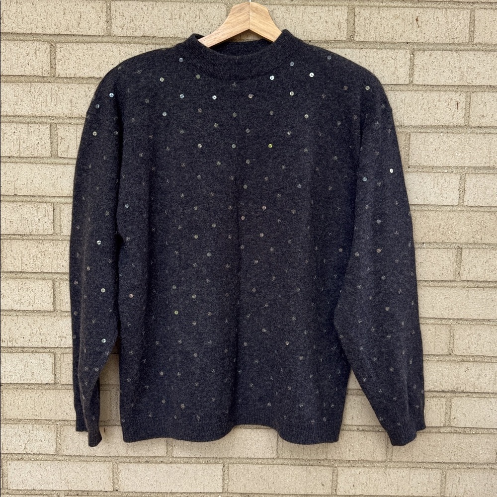 Vintage Wool Blend Gray Sequin Polka Dot Sweater | 80s–90s Apart | Size L